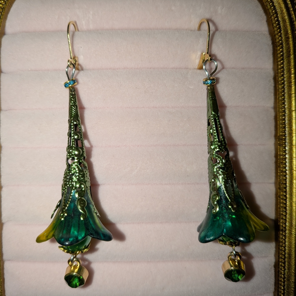 Artistic Green and Gold Floral Earrings
